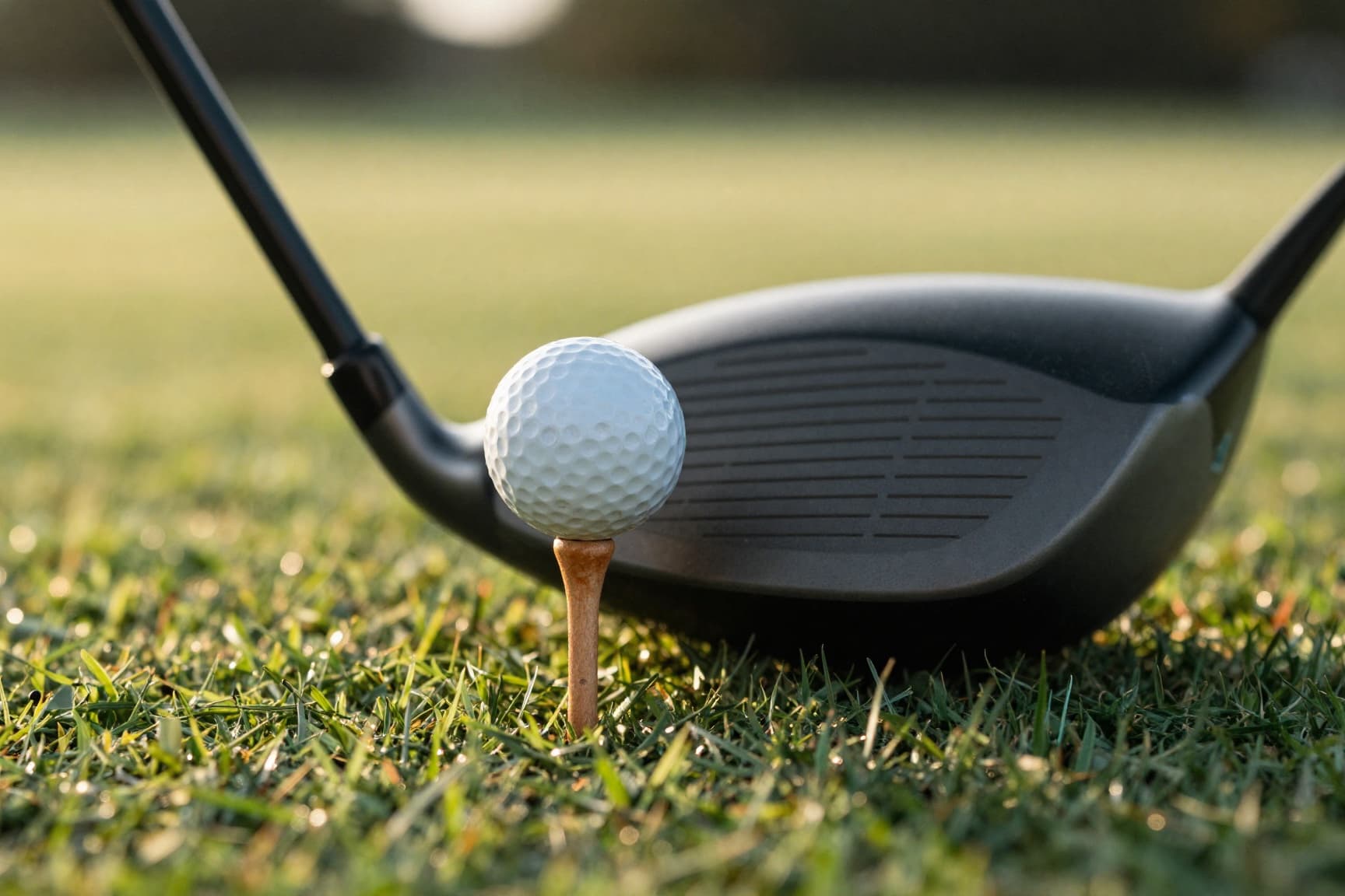 Golf driver club resting on an outdoor tee box, golden hour