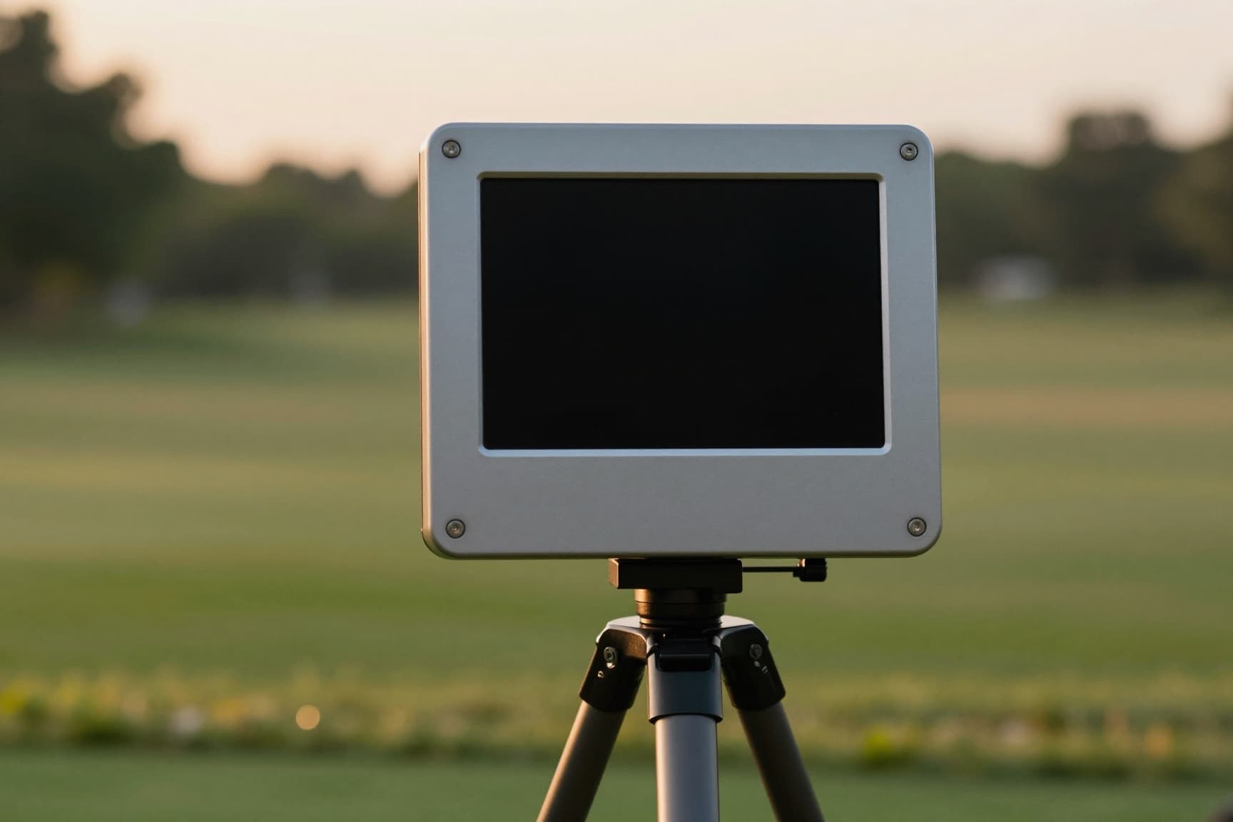 Trackman launch monitor at golden hour on outdoor driving range