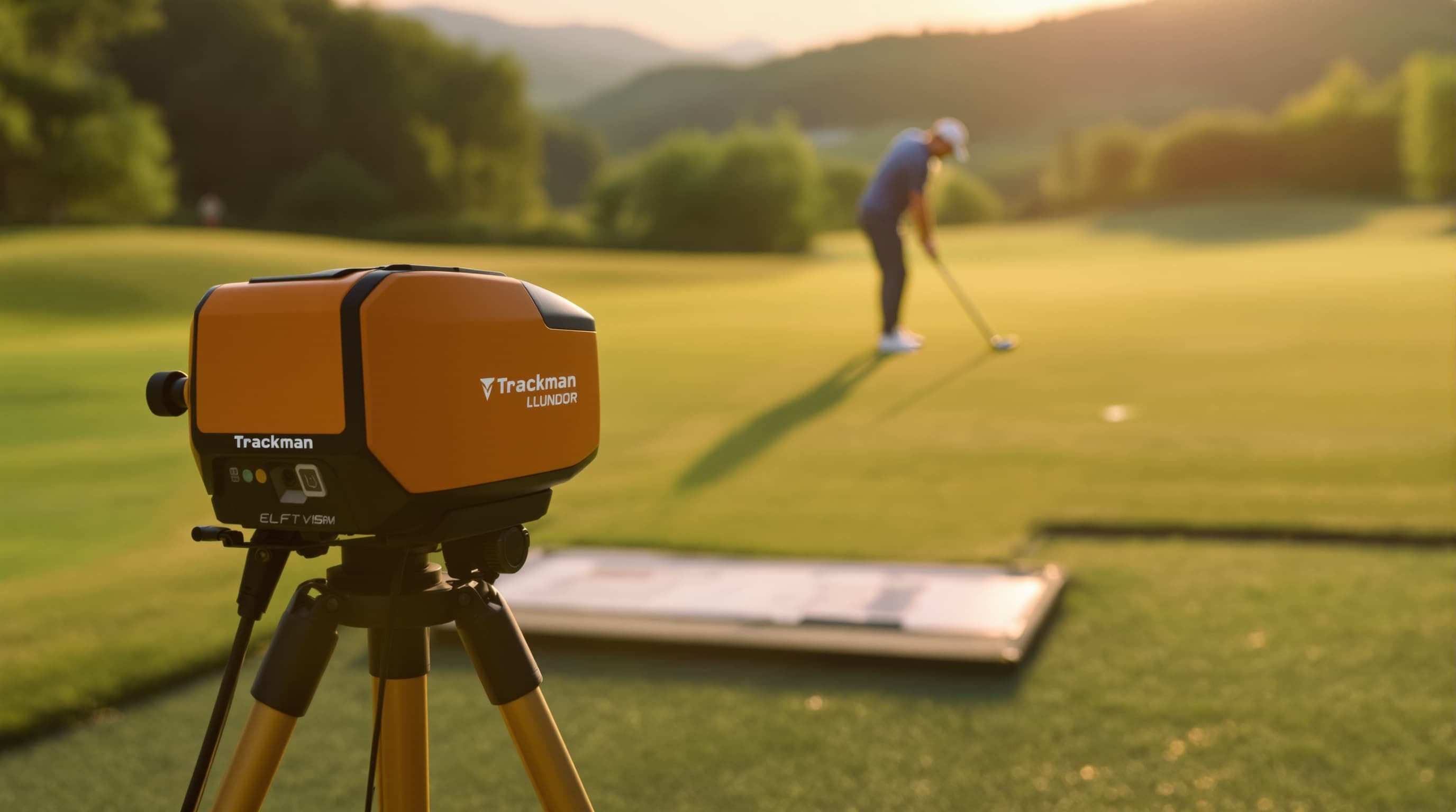 Trackman launch monitor beside a golfer on the outdoor range